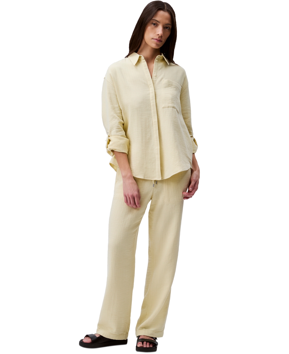 Calvin Klein Jeans Est.1978 Women's Double Gauze Roll-tab-sleeve Button-down Shirt In White