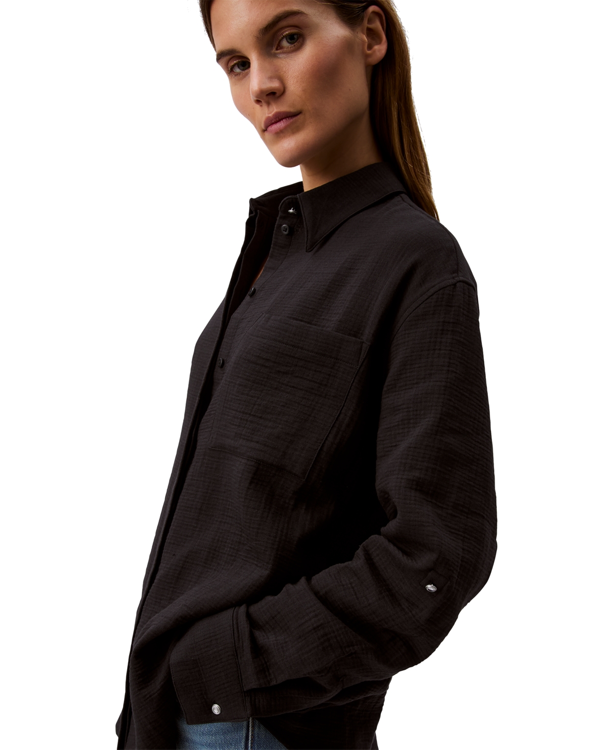 Calvin Klein Jeans Est.1978 Women's Double Gauze Roll-tab-sleeve Button-down Shirt In Black