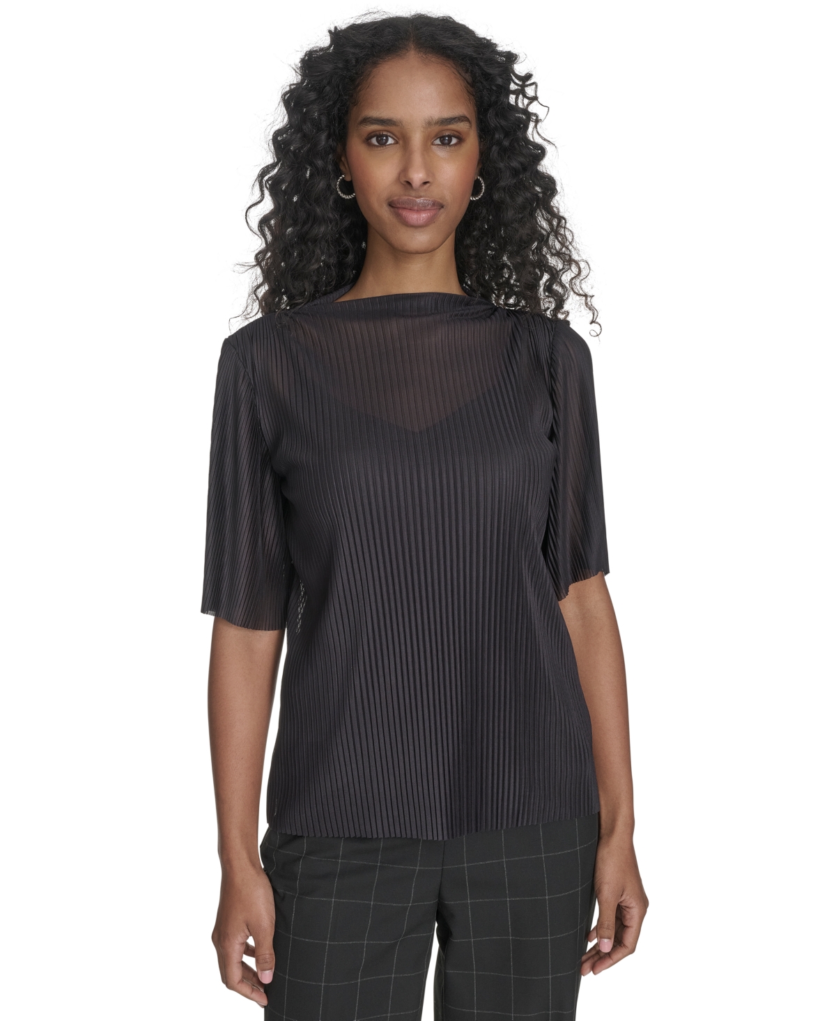 Shop Calvin Klein Women's Mesh Elbow-sleeve High-neck Top In Black