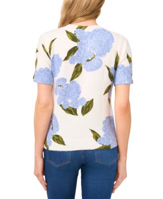 Women's Short-Sleeve Floral Crew Neck Sweater