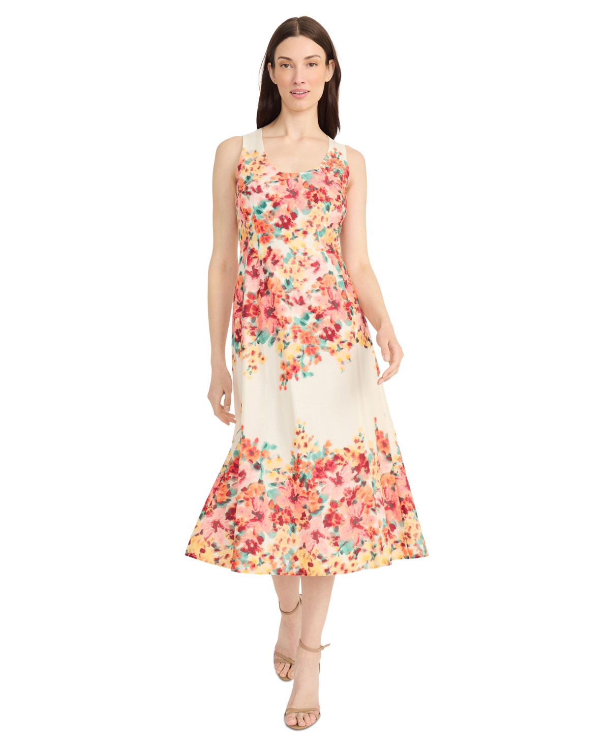 Women's Floral-Print Cotton Midi Dress - Cream/Orange