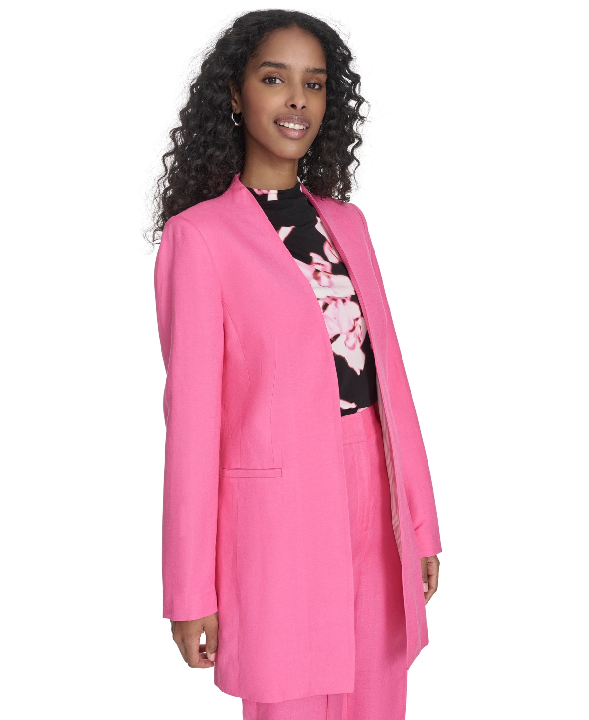 Shop Calvin Klein Women's Open-front Linen-blend Blazer In Peony