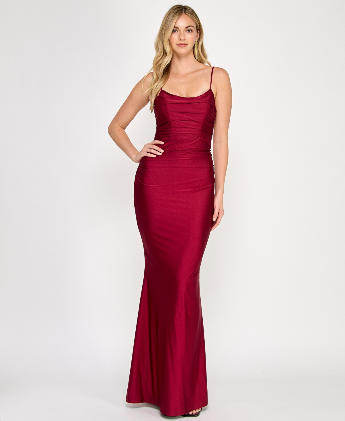 Juniors' Ruched Strappy-Back Satin Gown - Wine