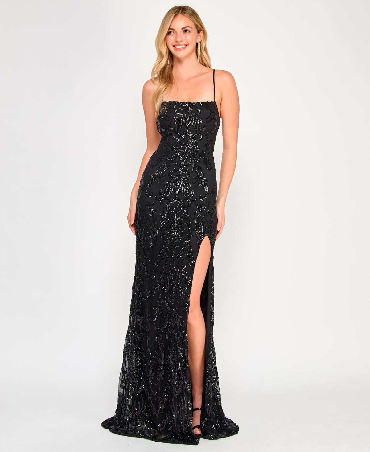 CRYSTAL DOLL JUNIORS' SEQUINED LACE-UP-BACK GOWN 