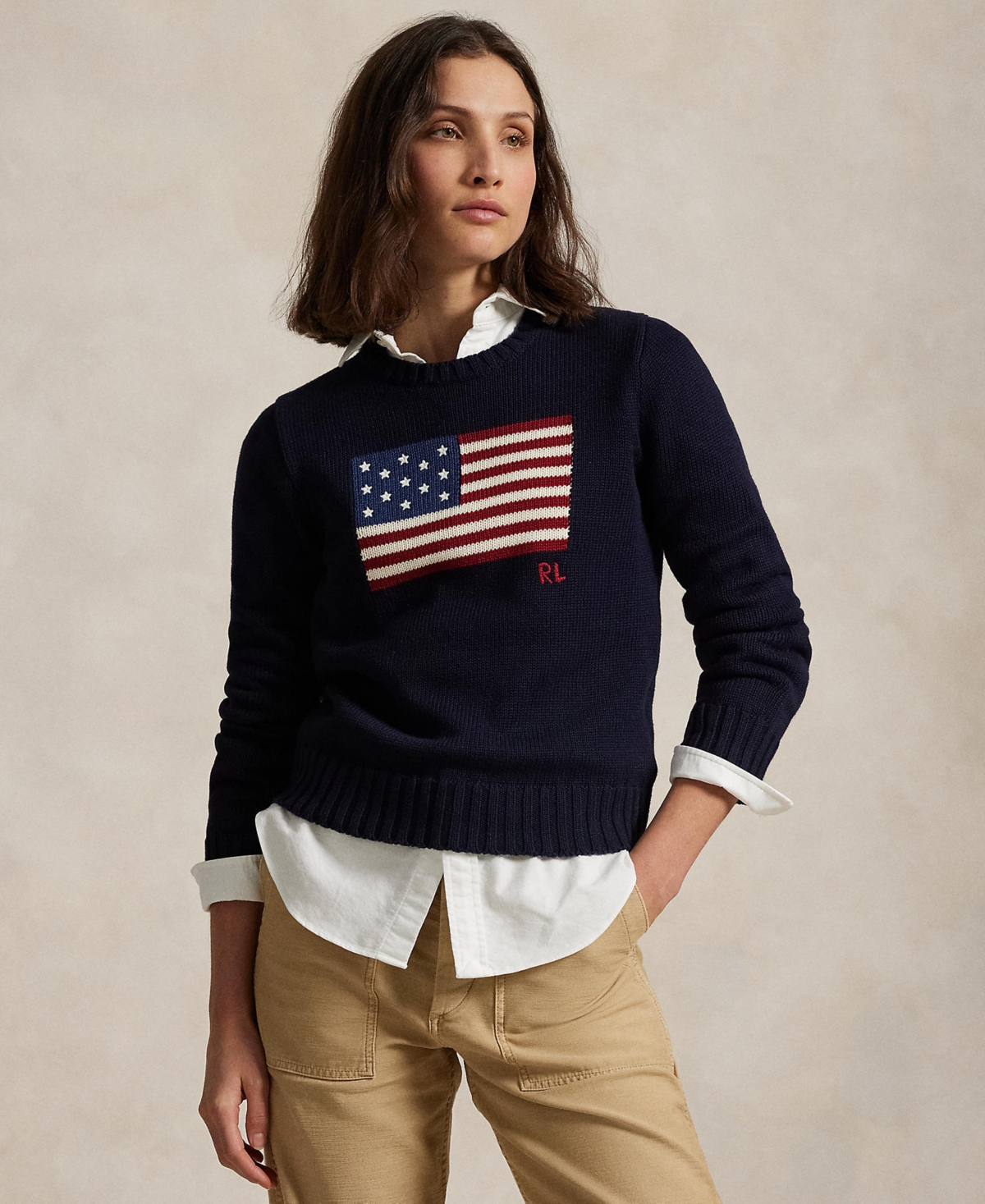 Shop Polo Ralph Lauren Women's Flag Cotton Crewneck Sweater In Navy