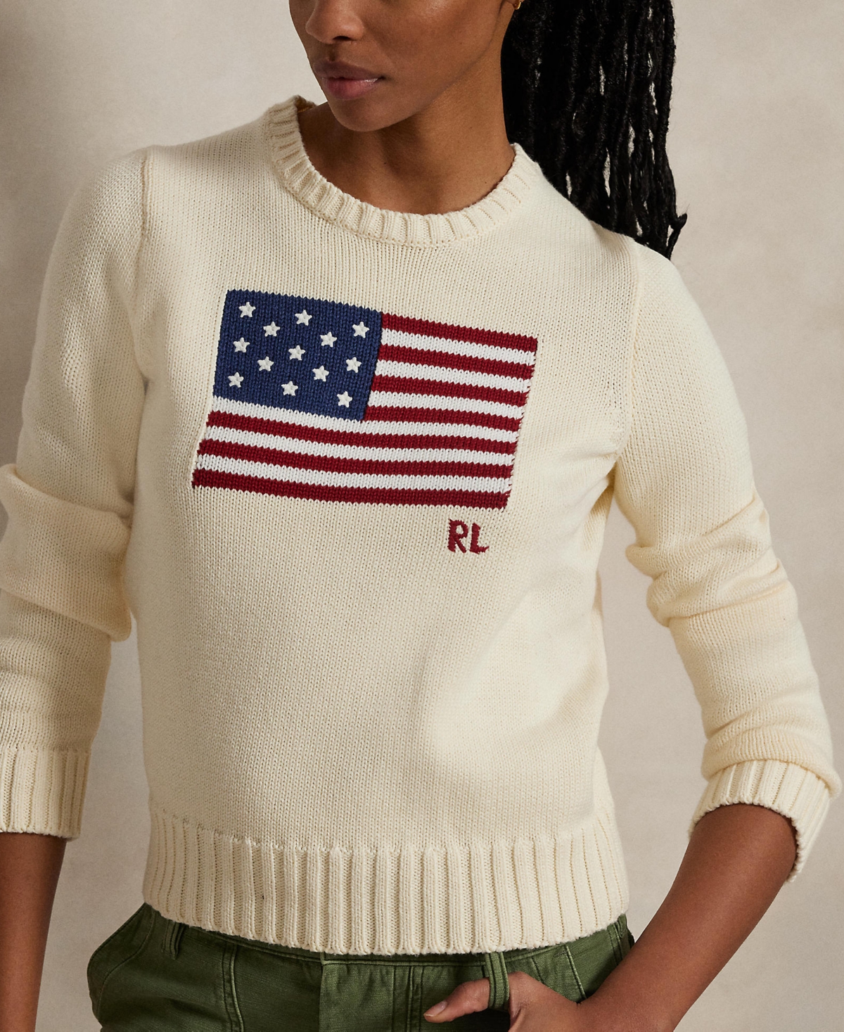 Shop Polo Ralph Lauren Women's Flag Cotton Crewneck Sweater In Cream