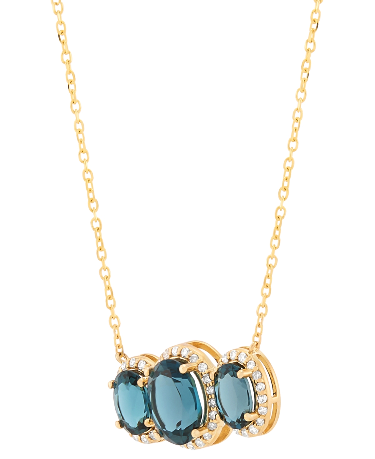 MACY'S LONDON BLUE TOPAZ (4 CT. T.W.) & DIAMOND (1/4 CT. T.W.) OVAL TRIO HALO PENDANT NECKLACE IN 10K GOLD, 