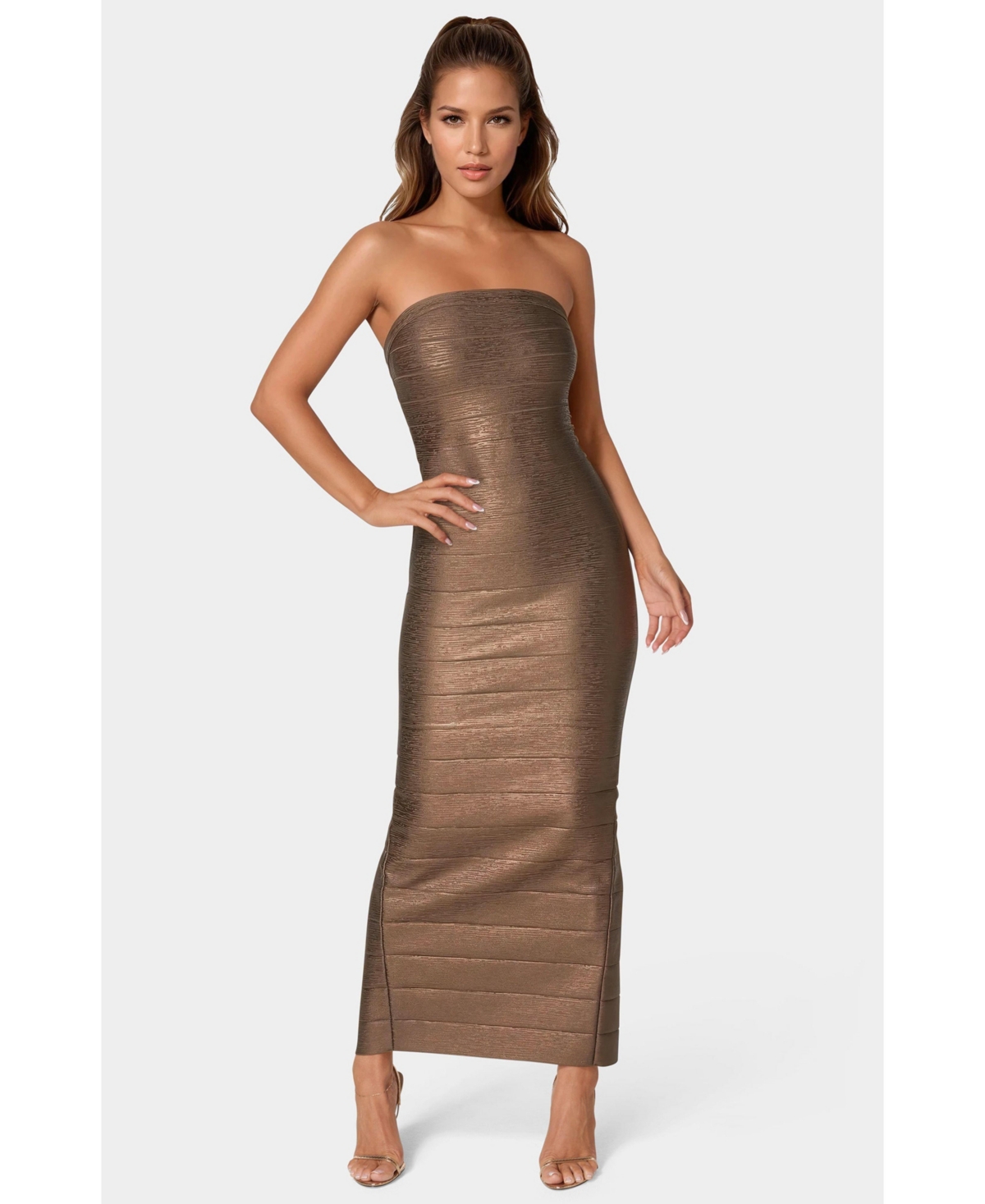 Bebe Women's Long Strapless Bandage Foil Dress