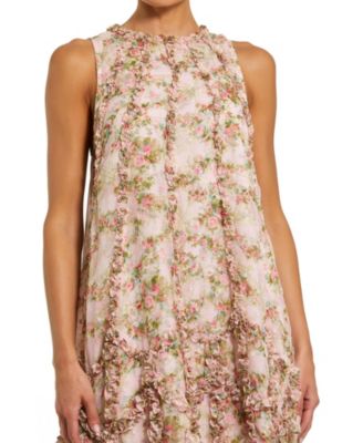 Women's Sleeveless Floral Print Chiffon Micro Ruffle Gown