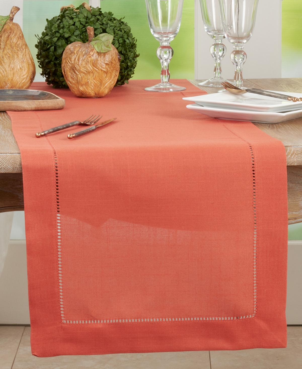 Saro Lifestyle Hemstitched Border Table Runner, 16" X 54" In Terracotta