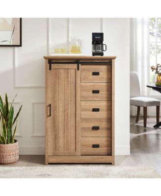 5 Drawers Dresser w/Sliding Barn Door, Farmhouse Modern Tall Dresser 5 Chest of Drawers