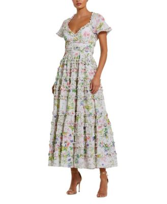 Women's Cap Sleeve V Neck Open Back Floral Cotton Dress