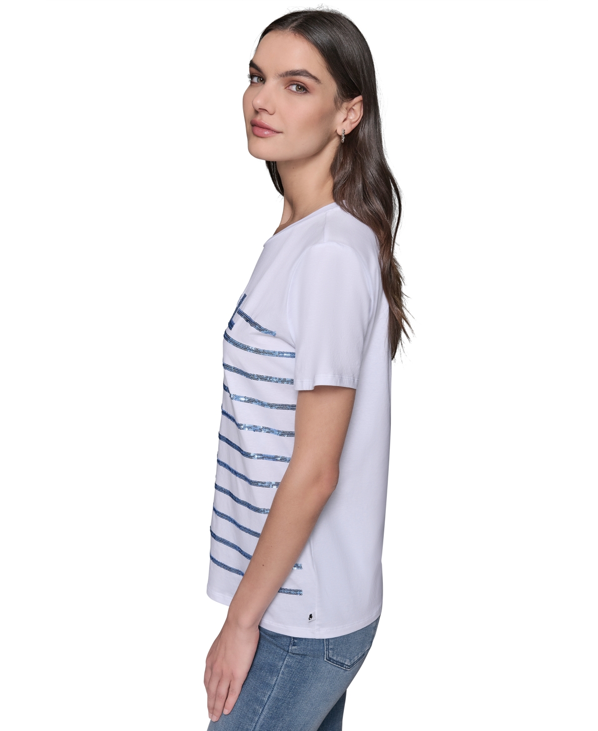 Karl Lagerfeld Women's Embellished Stripe Crewneck Tee In White  Blue