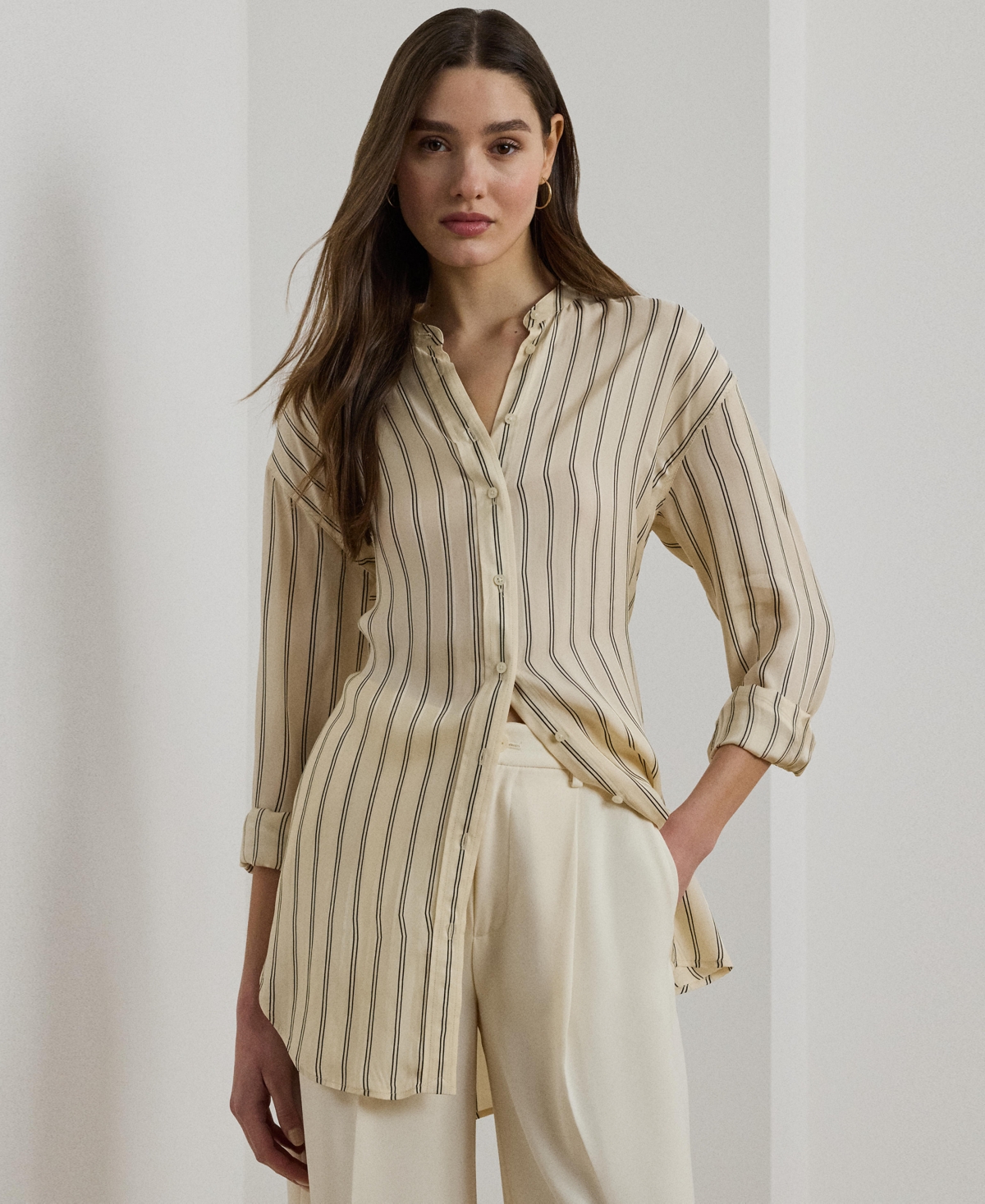 Women's Striped Jacquard Tunic Shirt, Regular & Petite - Ivory Beige/Blue Multi