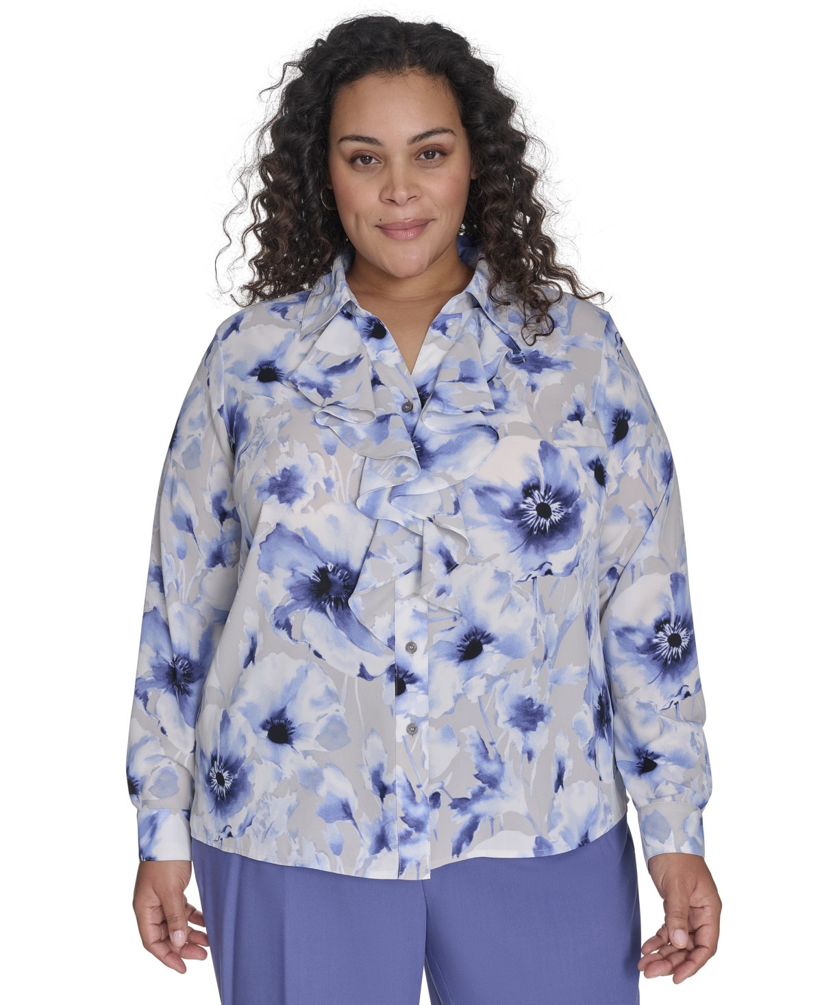 CALVIN KLEIN PLUS SIZE PRINTED RUFFLED LONG-SLEEVE BUTTON-FRONT SHIRT 