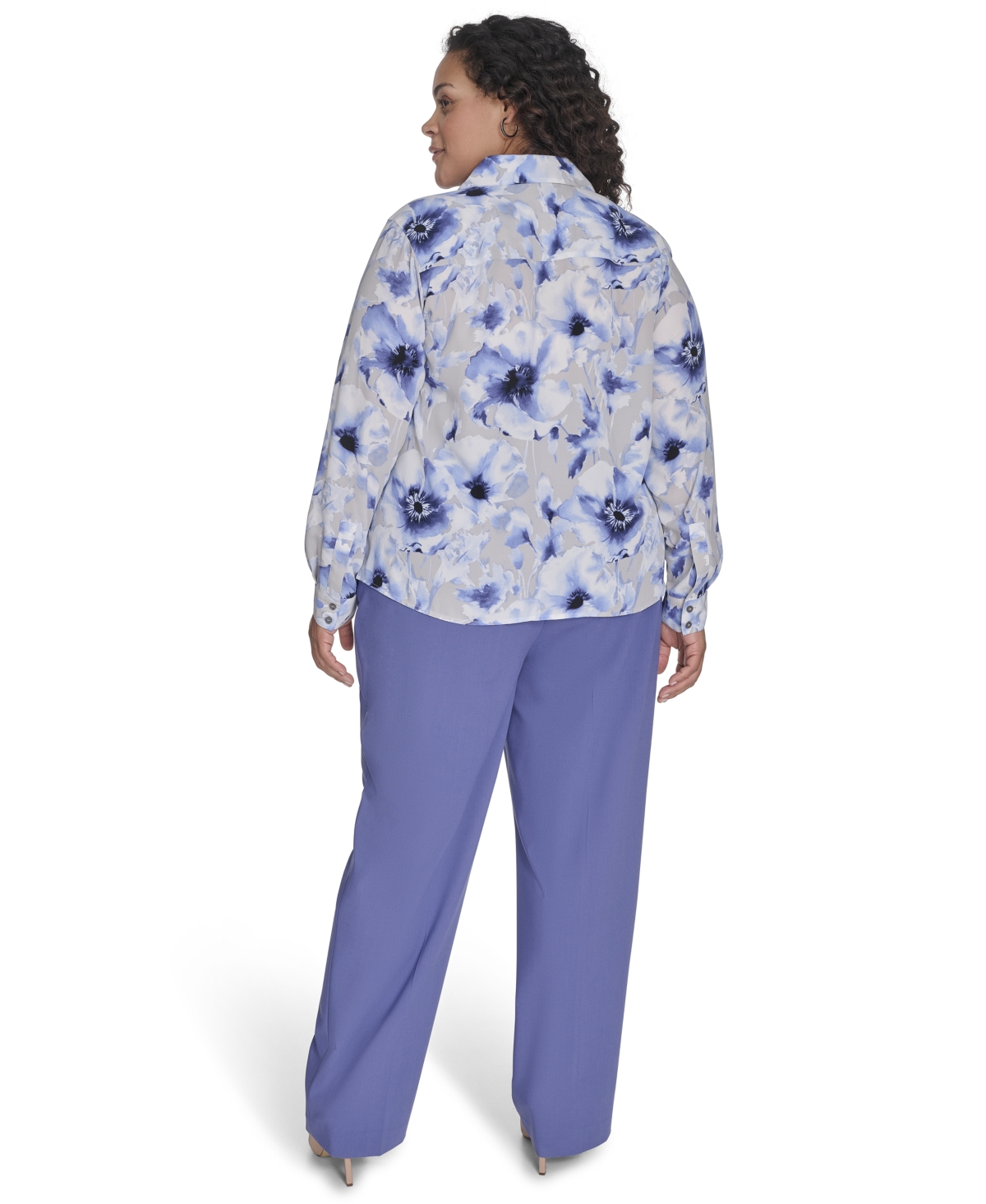 CALVIN KLEIN PLUS SIZE PRINTED RUFFLED LONG-SLEEVE BUTTON-FRONT SHIRT 