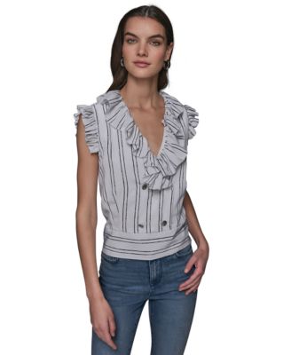 KARL LAGERFELD PARIS - Women's Cotton Ruffle-Trim Striped Top