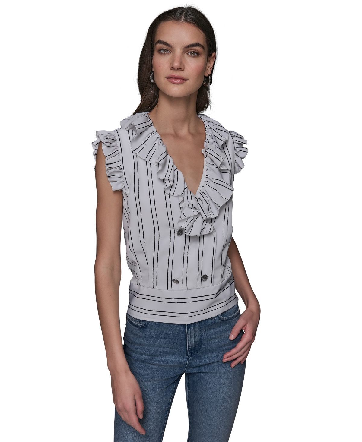 Shop Karl Lagerfeld Women's Ruffle-trim Striped Top In Soft White