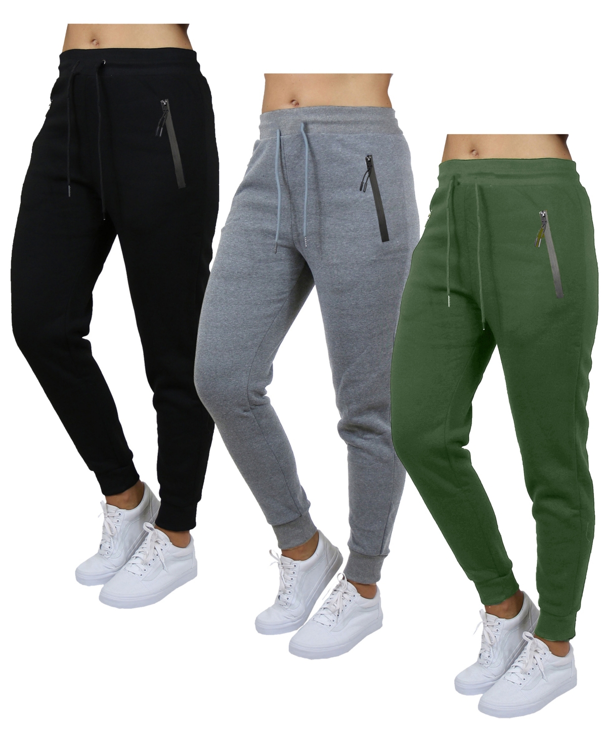 Galaxy By Harvic Women's Pro Star Loose Fit Fleece Lined Jogger Sweatpants 3-pack In Black-heather Gray-olive
