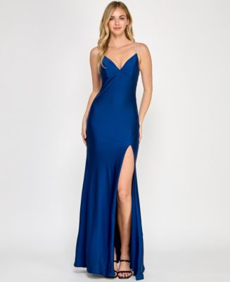 Crystal Doll Juniors' Rhinestone-Strap Lace-Up-Back Gown - Indigo - 13