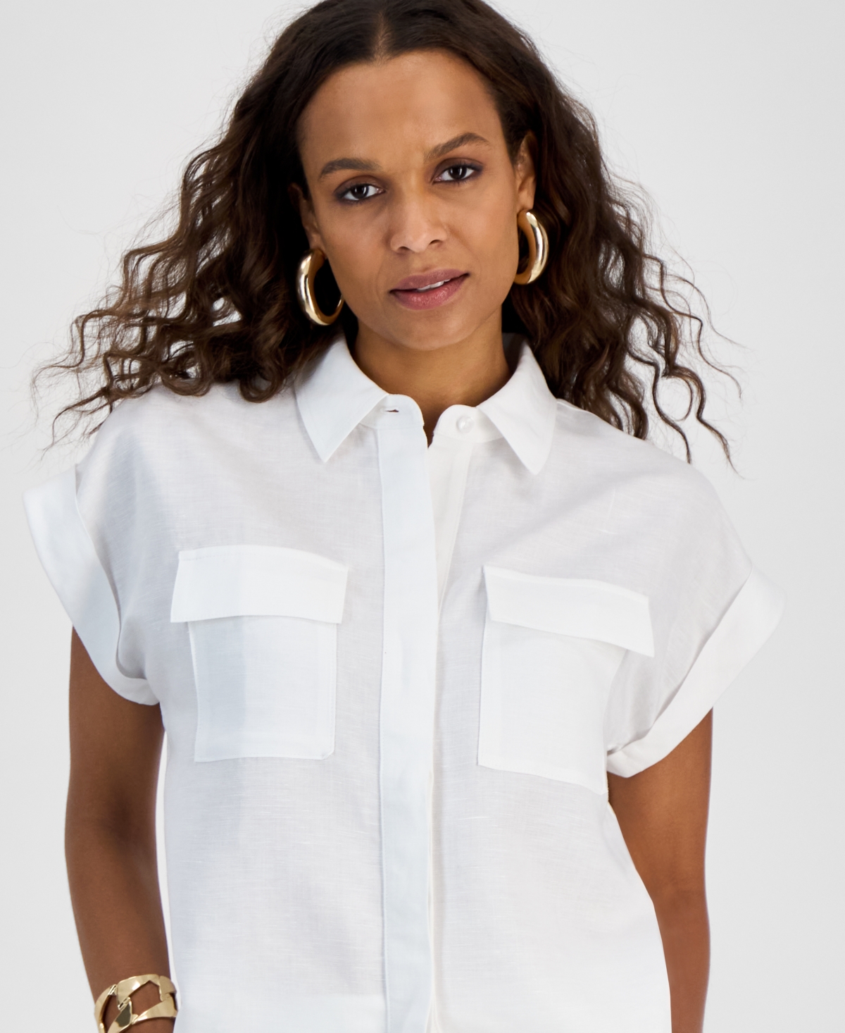 INC INTERNATIONAL CONCEPTS PETITE SHORT-SLEEVE BUTTON-FRONT SHIRT, EXCLUSIVELY AT MACY'S 