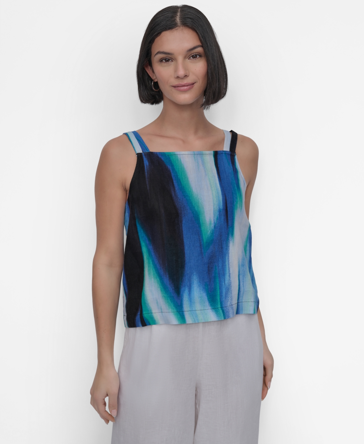 Shop Dkny Women's Printed Tie-strap Linen Tank Top In Caribbean Multi