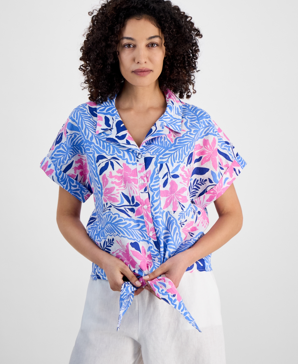 Petite 100% Linen Floral-Print Tie-Front Shirt, Exclusively at Macy's - Bright White