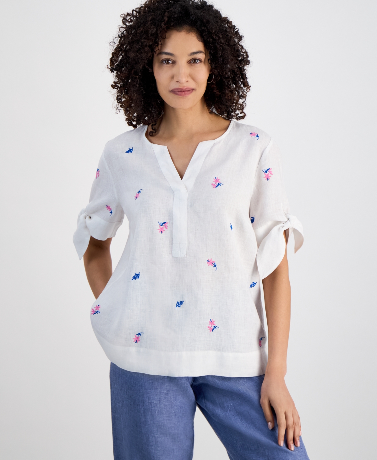Petite Floral-Embroidered Linen Tie-Sleeve Top, Exclusively at Macy's - Bright White