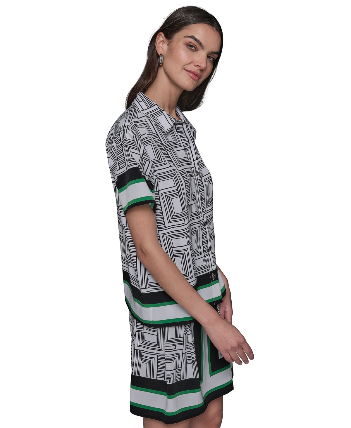Karl Lagerfeld Women's Border Printed Short Sleeve Button-front Top In Soft White Combo