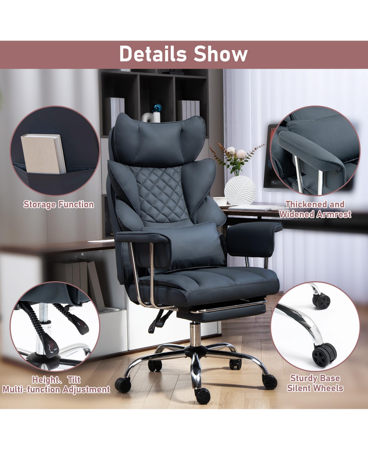 Dyhome Faux Leather Gaming Chair, Ergonomic High-Back Office Chair With Tilt and Swivel, Reclining Computer Desk for Women, Men