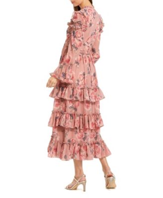 Women's Long Sleeve Lace Up Front Tiered Ruffle Dress