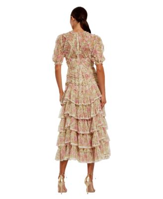 Women's Lace Trim Printed Mesh High Neck Midi Dress