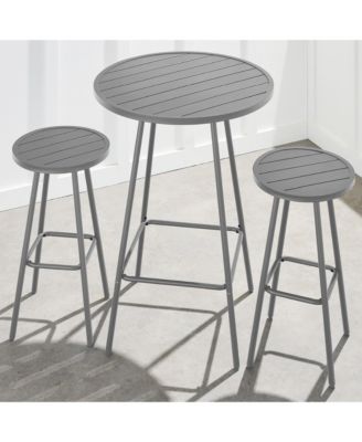 3-Piece Steel Patio Bar Height Round Bistro Set w/ Backless Stools, Slatted Design