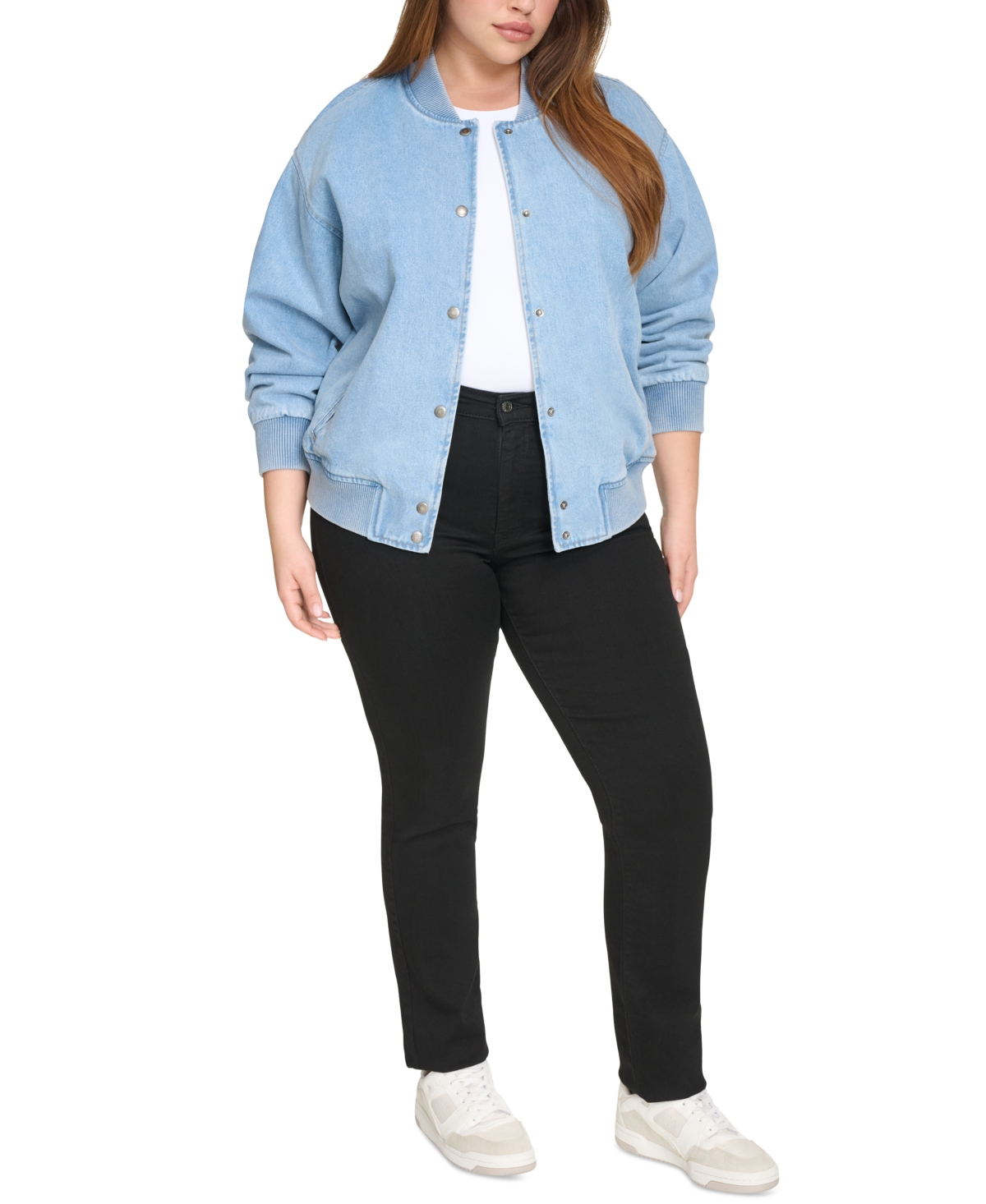 Levi's Plus Size Varsity Cotton Denim Bomber Jacket In Light Wash Denim
