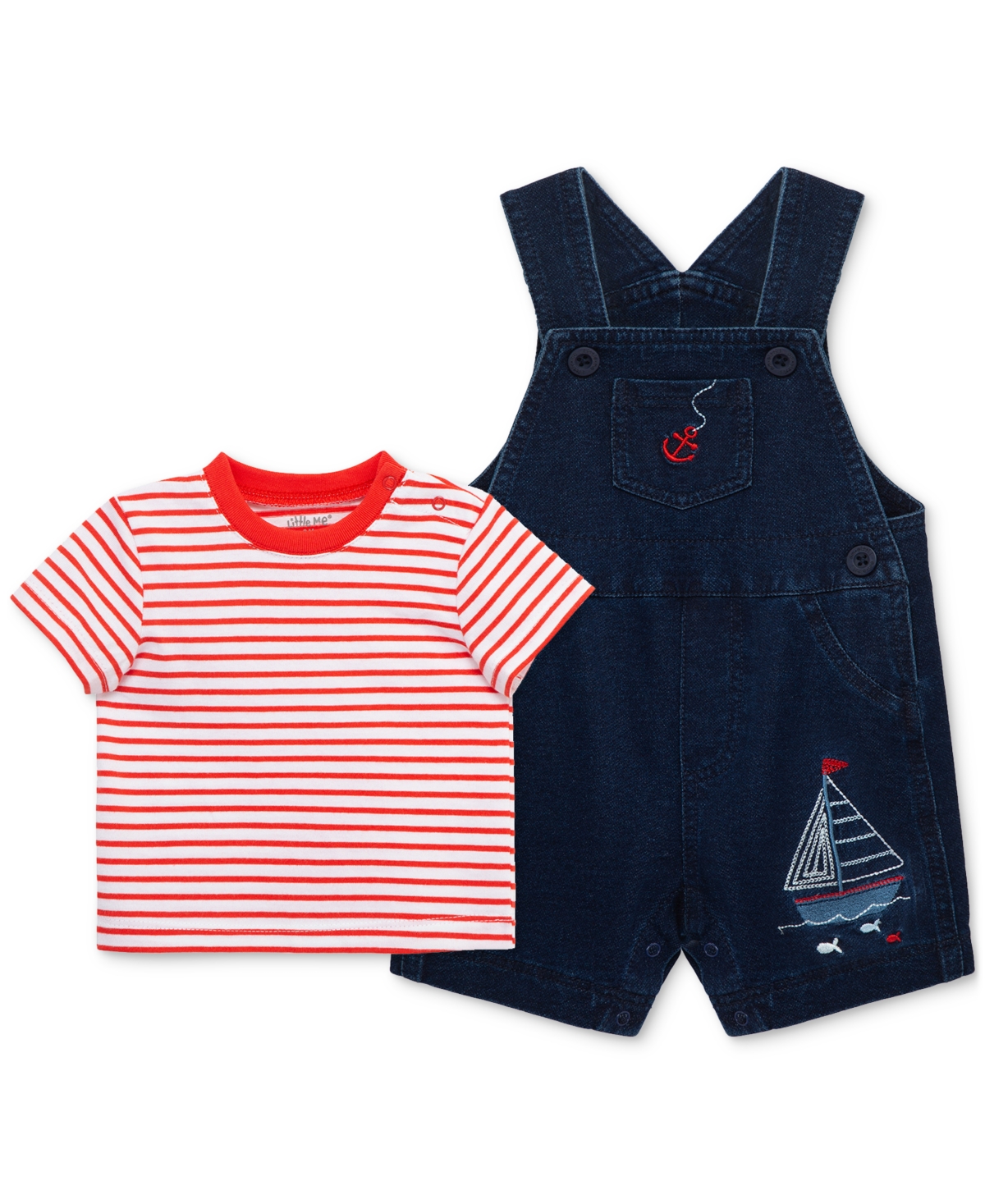 Little Me Baby Boys 2-pc. Stripe T-shirt & Sailboat Shortall Set In Red,navy