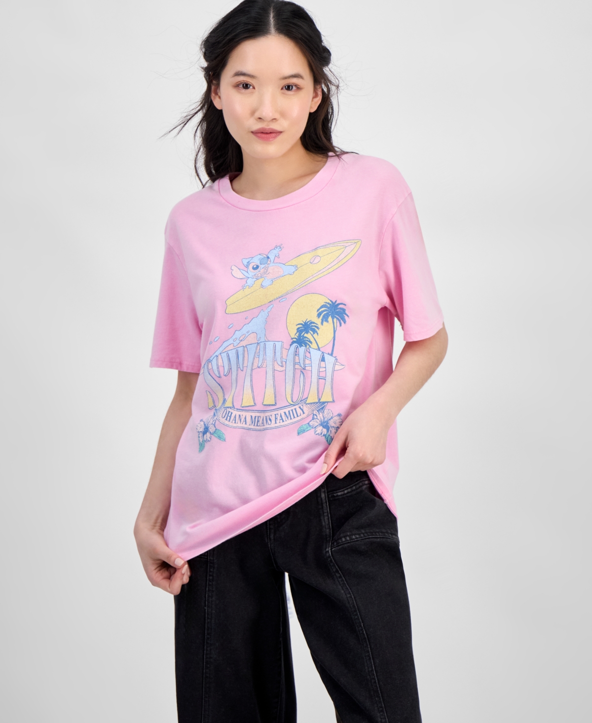 Juniors' Stitch Ohana Surf Graphic T-Shirt - Pink