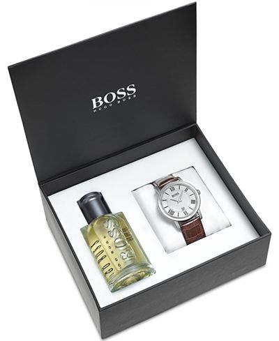 Hugo Boss Men's Ambassador Brown Leather Strap Watch & Fragrance Gift Set 42mm 1513136