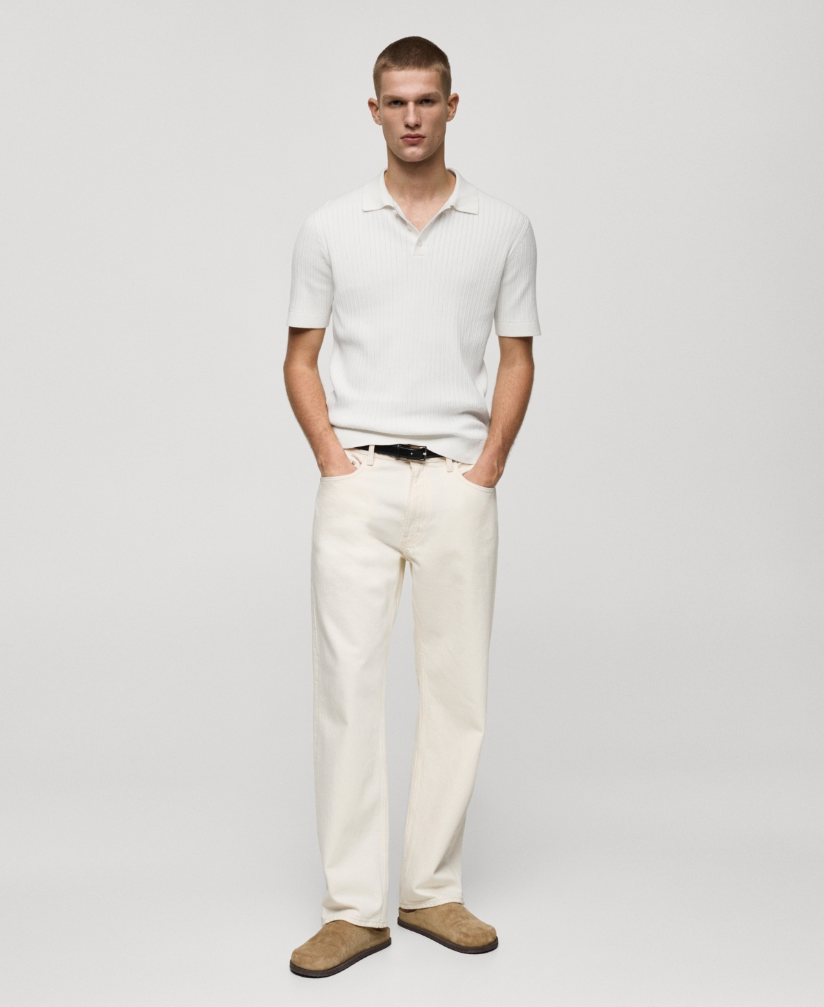 Mango Men's Fine-knit Ribbed Cotton Polo Shirt In White