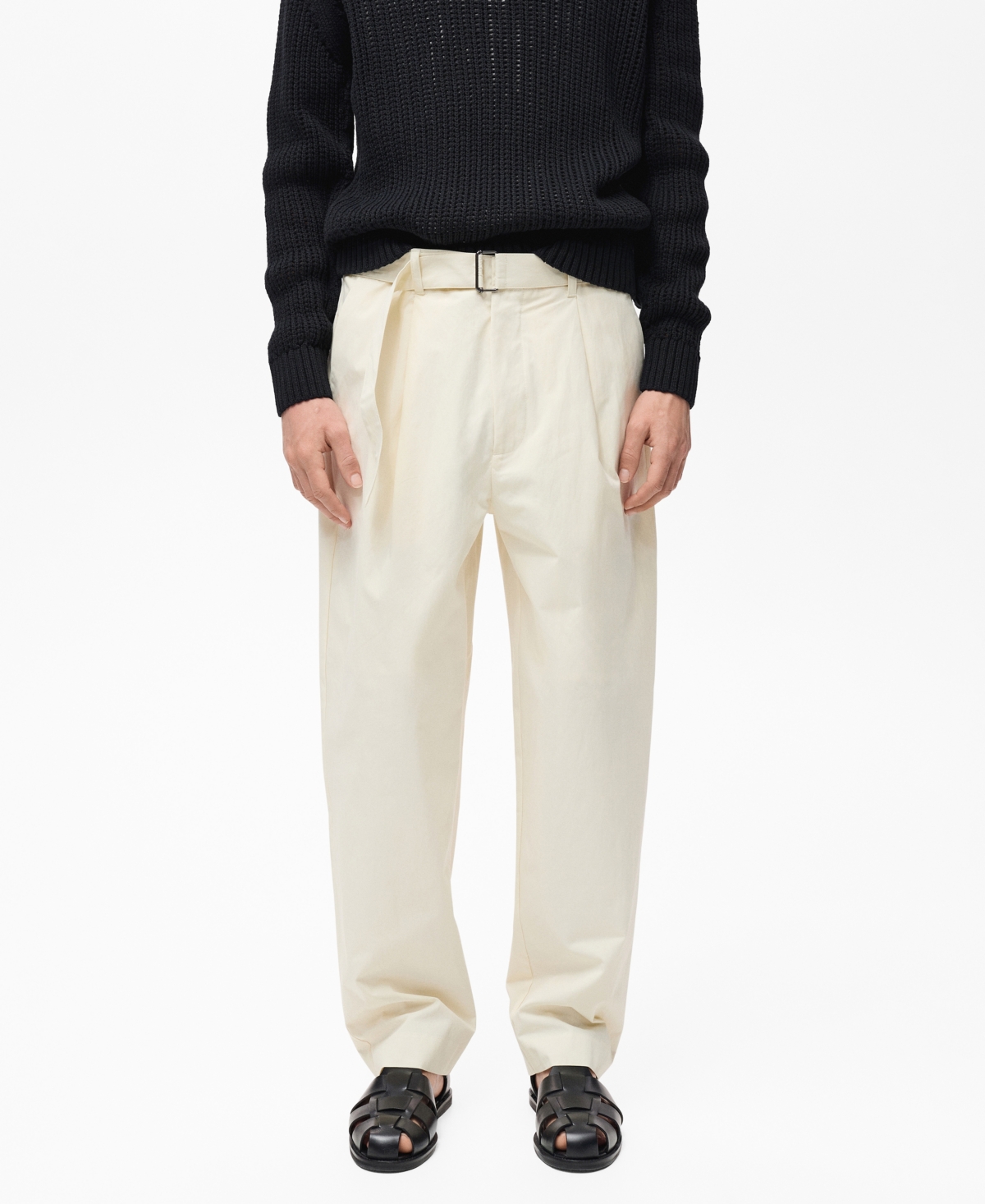 Mango Relaxed Belted Technical Pants In Ecru