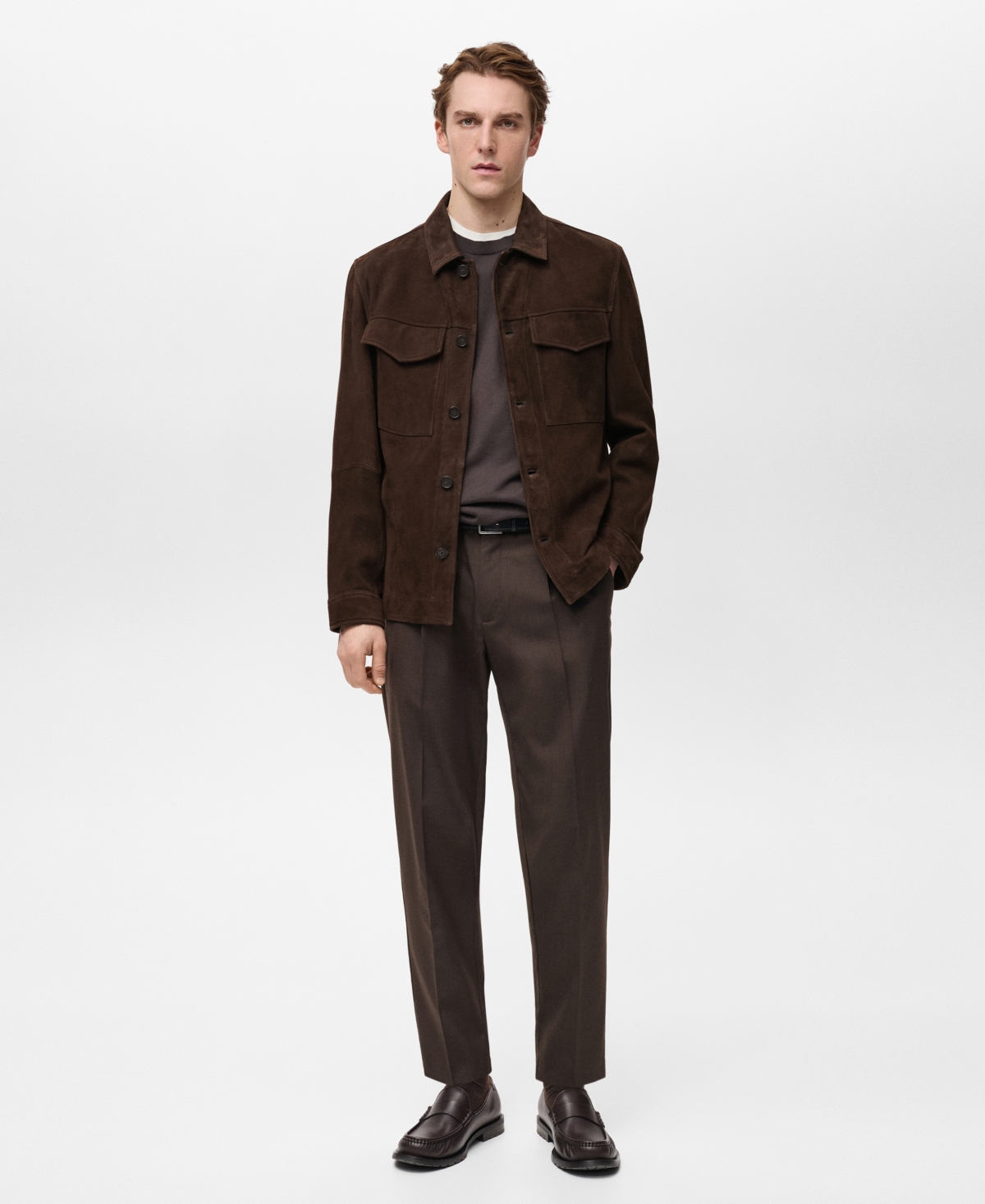 Mango Suede Button-up Shirt Jacket In Chocolate