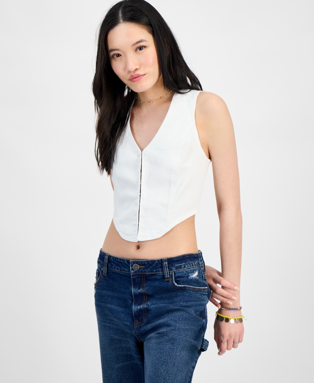 Madden Girl Juniors' Denim Hook-front Corset Top In White