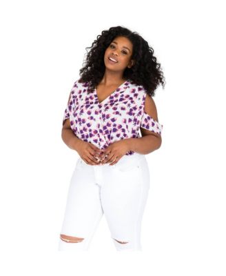 Plus Size Leaf Print V-Back Cold Shoulder Cropped Tops