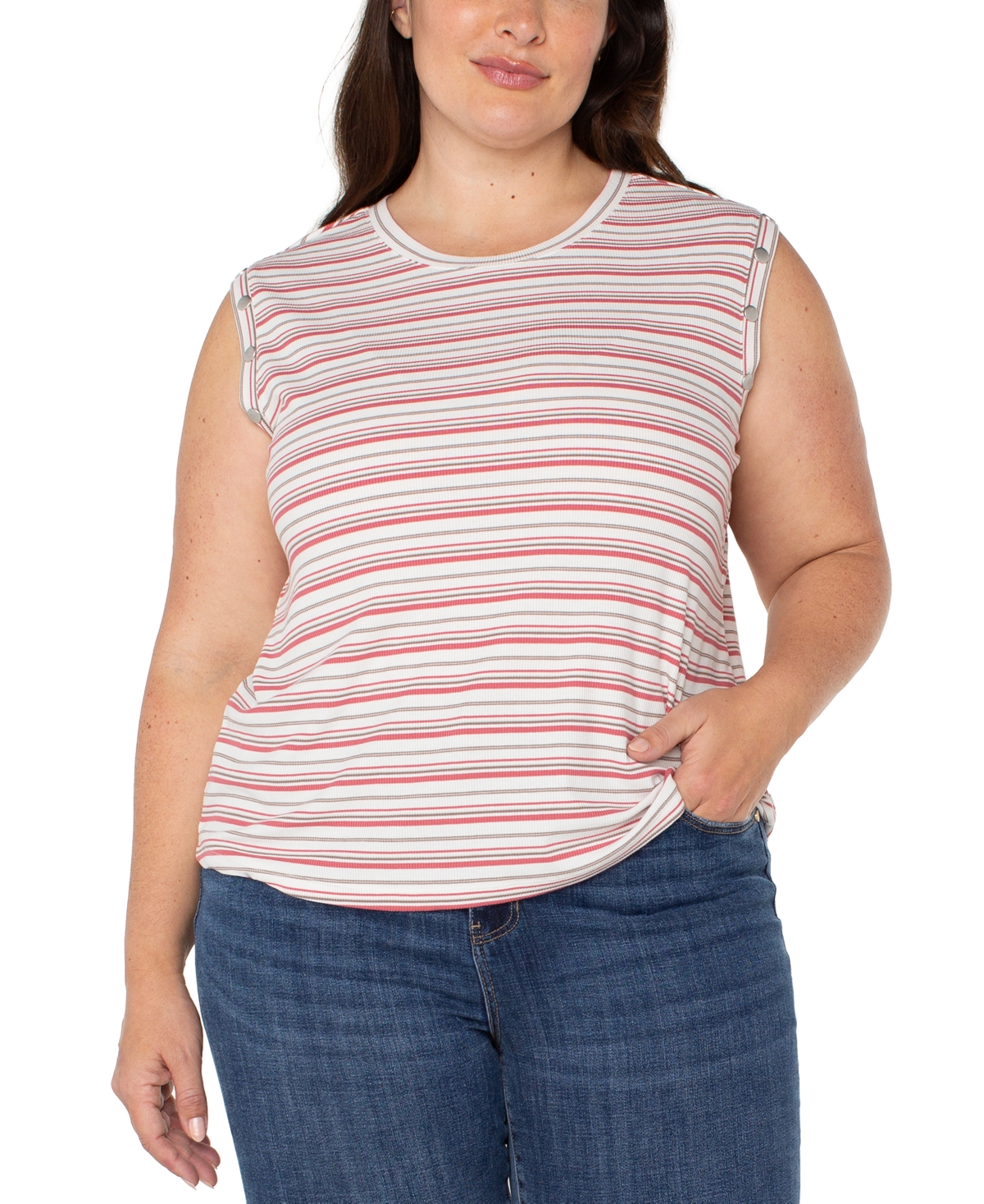 Liverpool Plus Size Crewneck Striped Sleeveless Top In Pink Multi Stripe