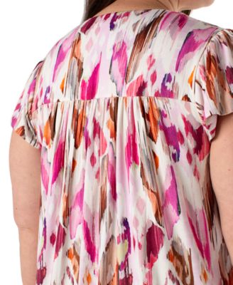 Liverpool Plus Size Flutter-Sleeve Button-Front Top