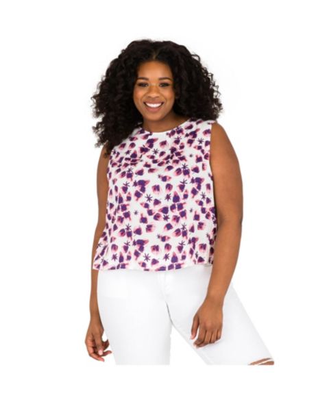 Женские топы Poetic Justice Plus Size Leaf Print Button Back Sleeveless, цвет: Белый клубничный