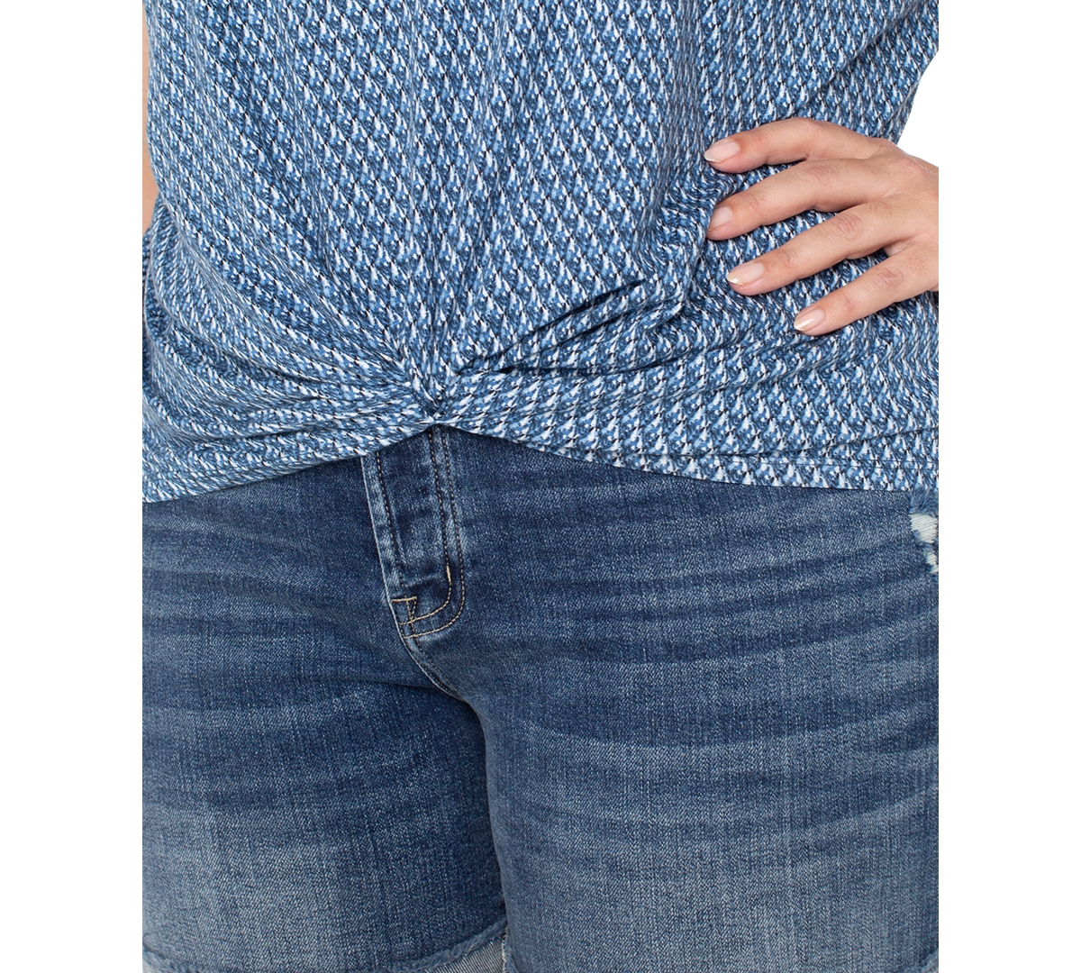 Liverpool Los Angeles Liverpool Plus Size Printed Twist-hem Crewneck Top In Blue Multi Mcro