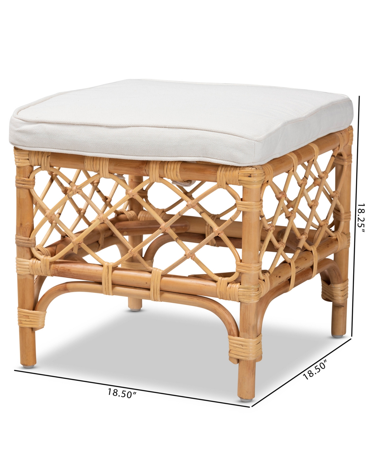 Bali & Pari 18.5" Upholstered And Natural Rattan Orchard Modern Bohemian Ottoman In White,natural Brown