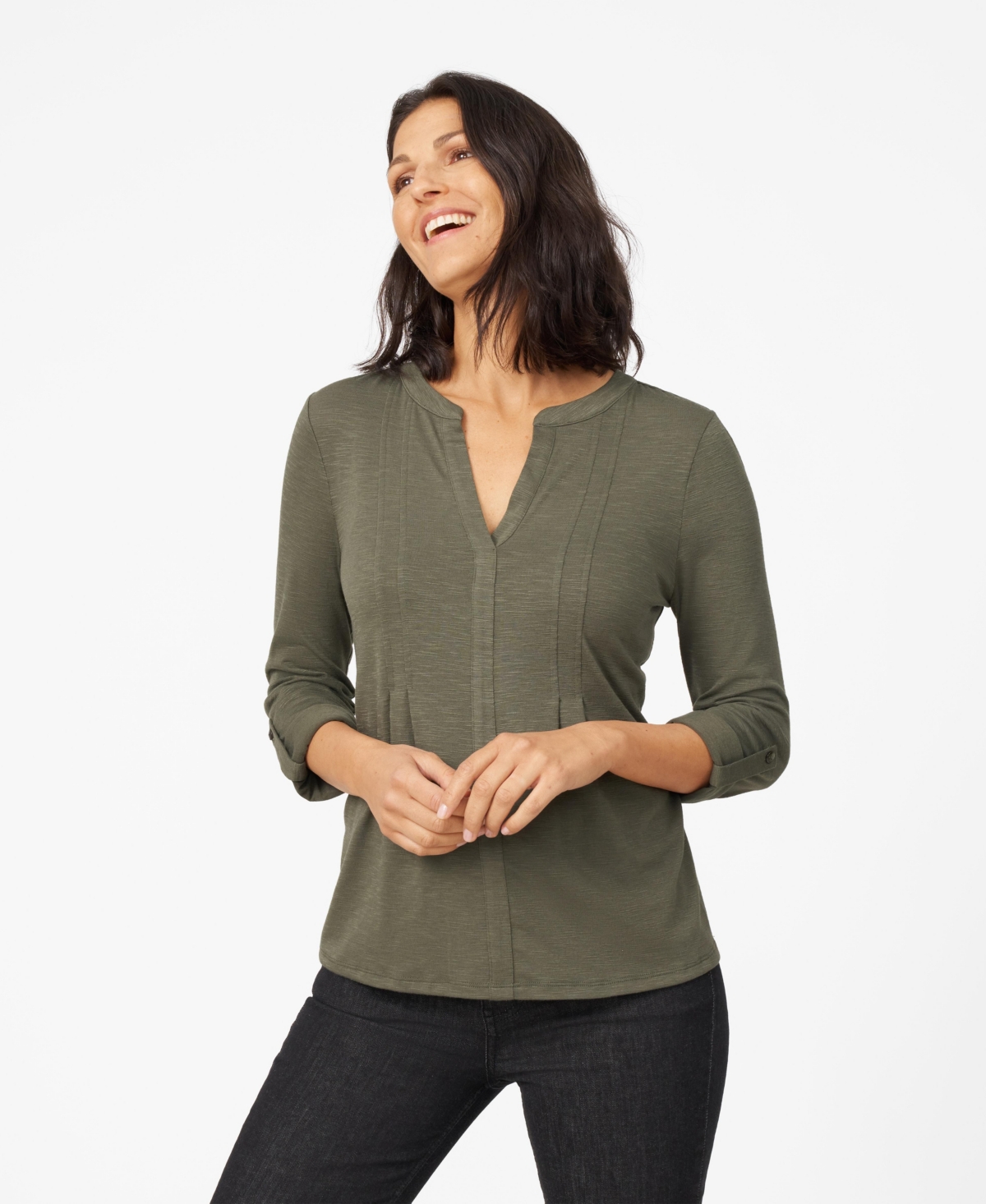 Women's Pintuck Pleat Henley Top - Jet black