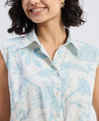 Women's Drawstring Shirt Dress in Blue Florals