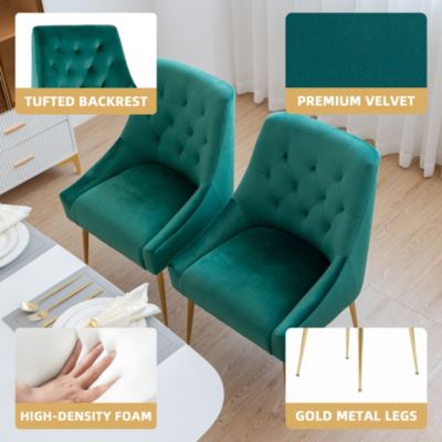 Modern Velvet Upholstered Dining Chairs Set of 2, Mid Century Side Chairs with 5.12” Cushions and Back Pull Rod for Kitchen, Living Room